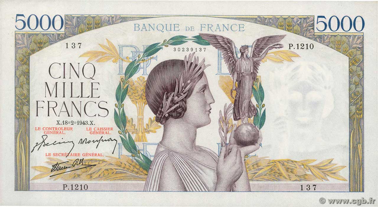 5000 Francs VICTOIRE Impression à plat FRANKREICH  1943 F.46.48 fVZ
