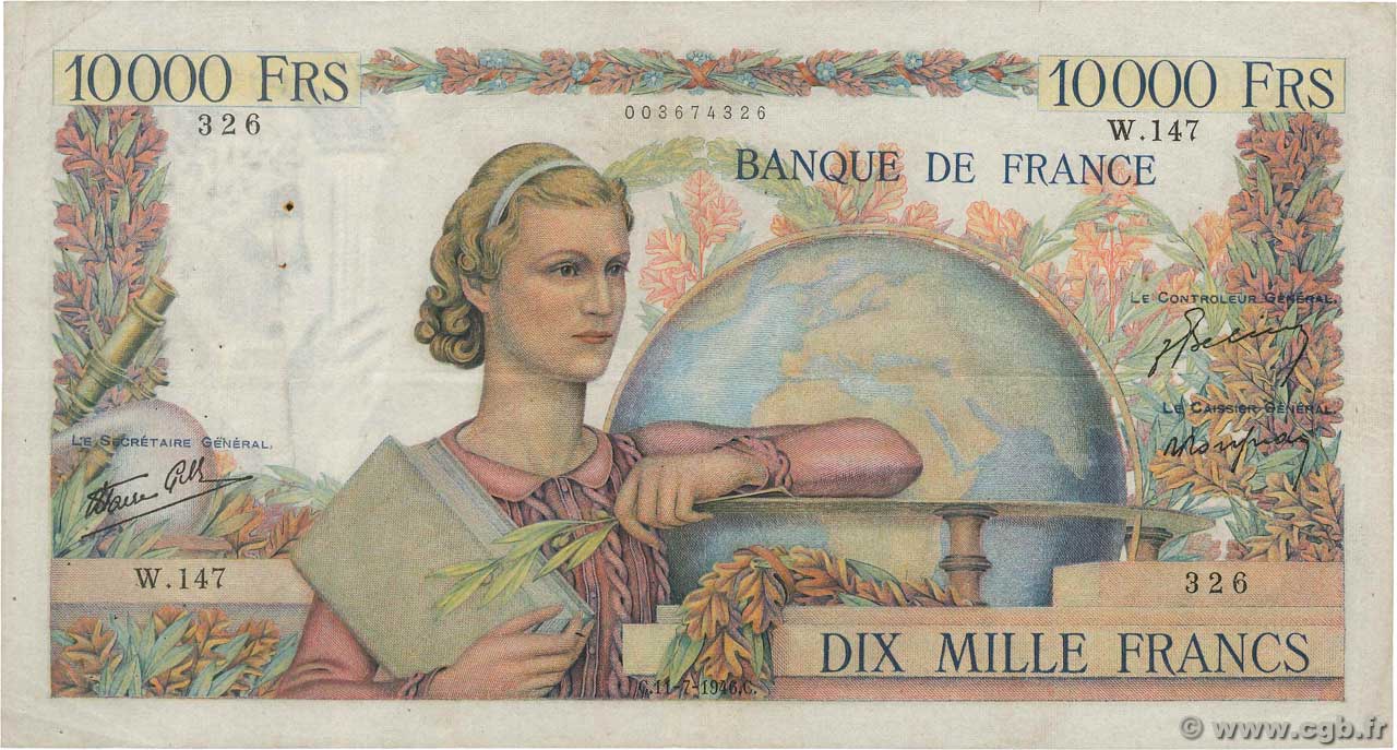 10000 Francs GÉNIE FRANÇAIS FRANCIA  1946 F.50.07 q.BB