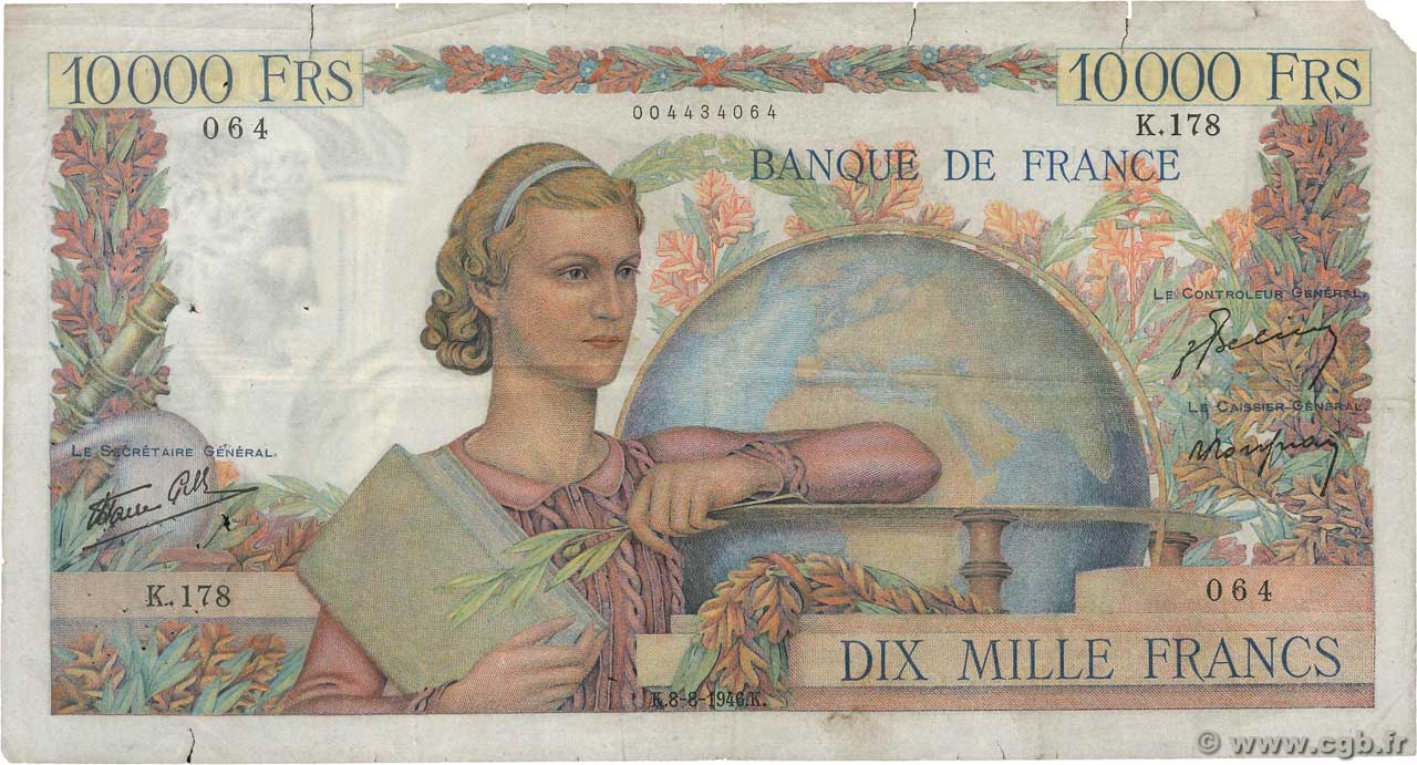 10000 Francs GÉNIE FRANÇAIS FRANCIA  1946 F.50.08 q.MB