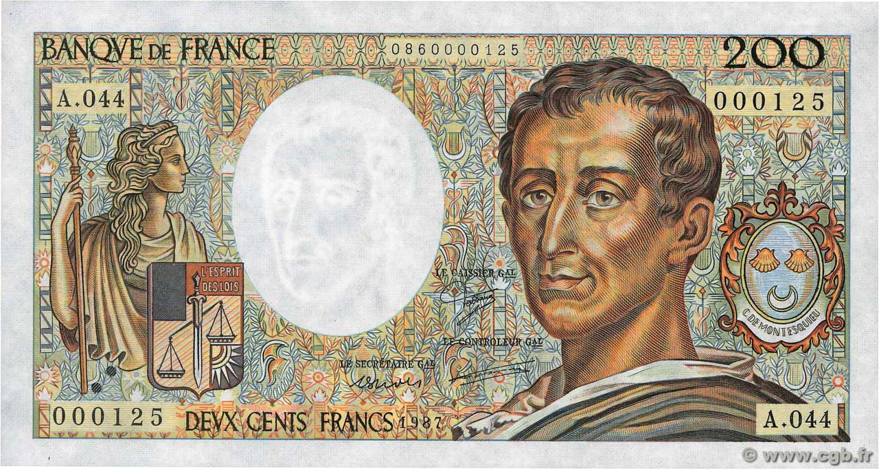 200 Francs MONTESQUIEU Petit numéro FRANCIA  1987 F.70.07A44 q.FDC