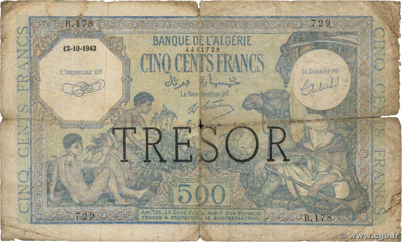 500 Francs ALGÉRIE FRANKREICH  1943 VF.09.01 GE