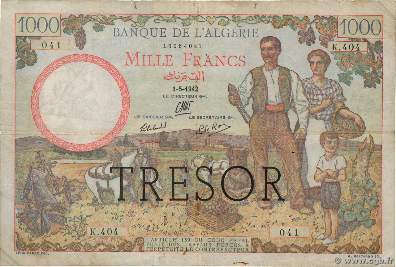 1000 Francs ALGÉRIE FRANCE  1943 VF.10.01 B