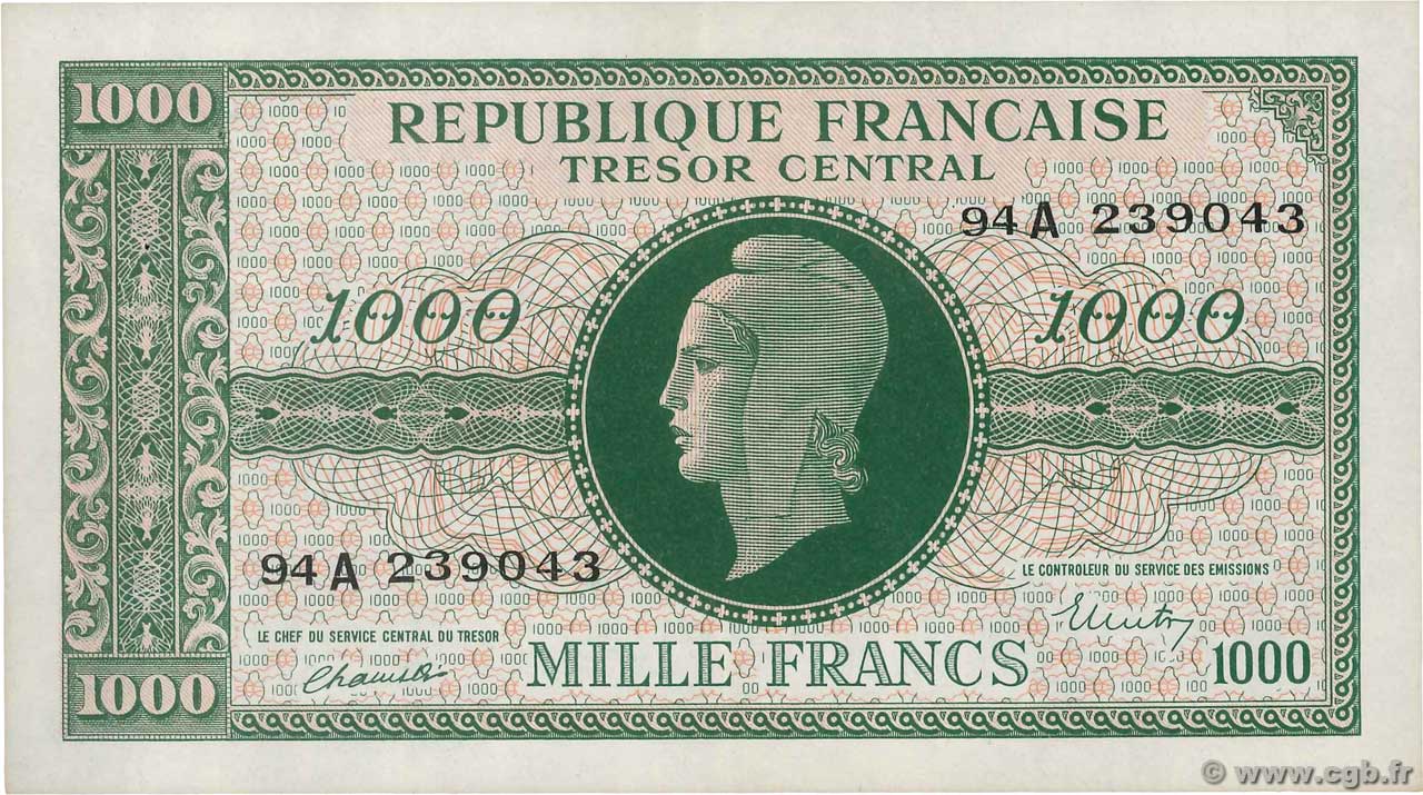 1000 Francs MARIANNE BANQUE D ANGLETERRE FRANCIA  1945 VF.12.01 SPL+