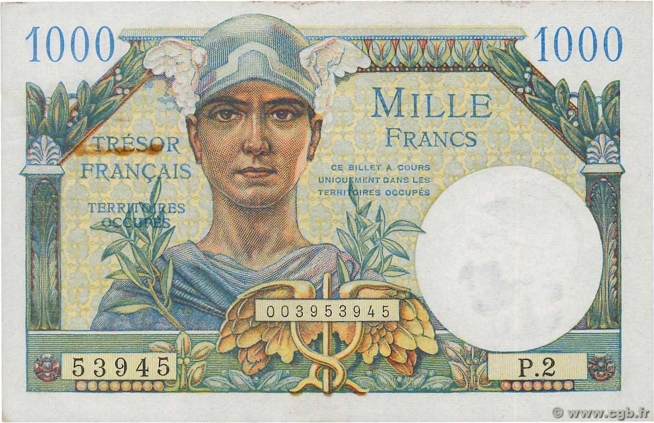 1000 Francs TRÉSOR FRANÇAIS FRANKREICH  1947 VF.33.02 fVZ