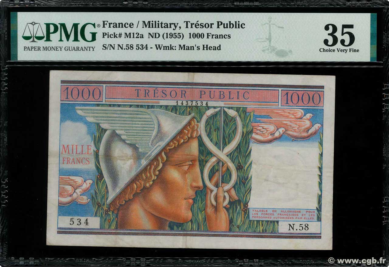 1000 Francs TRÉSOR PUBLIC FRANKREICH  1955 VF.35.01 fVZ