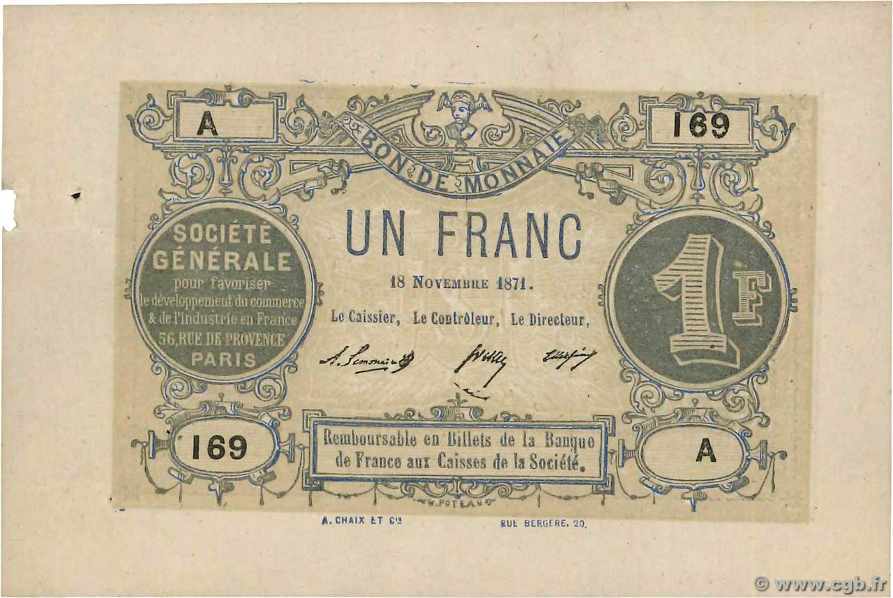 1 Franc FRANCE regionalism and miscellaneous Paris 1871 JER.75.02A XF