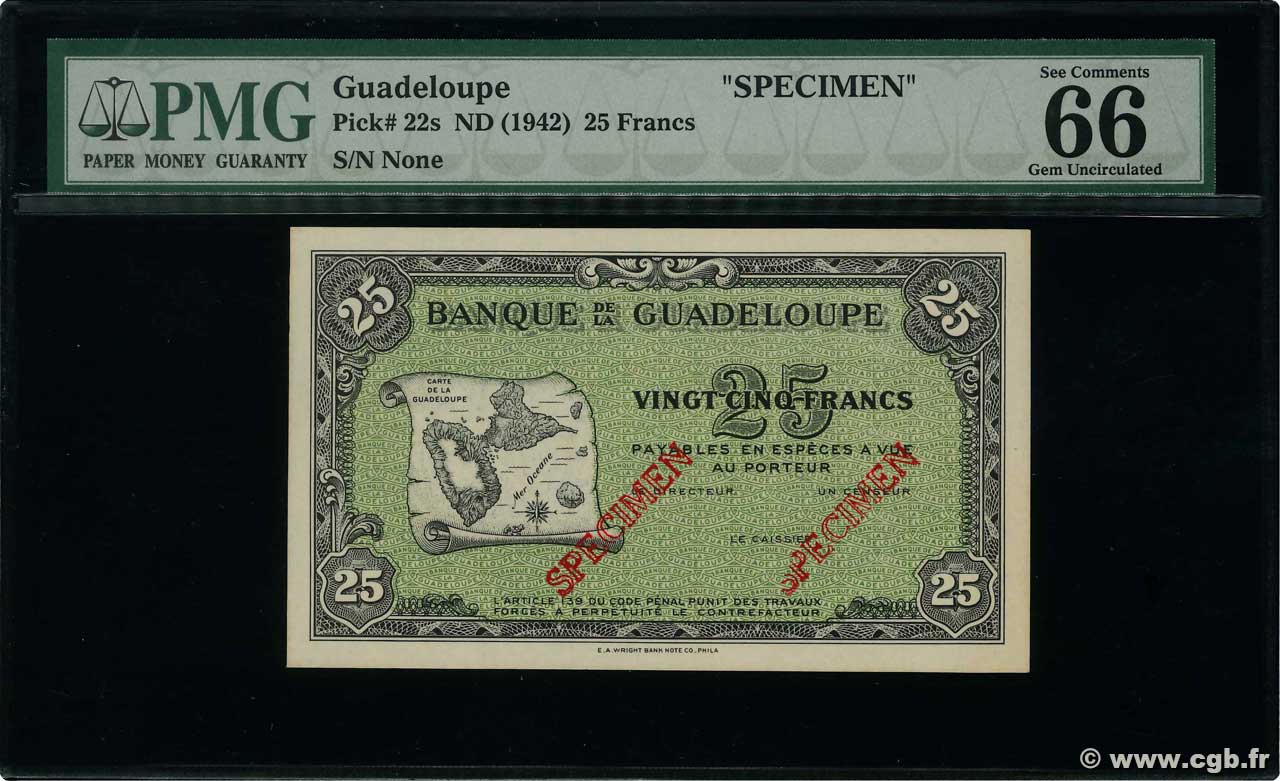 25 Francs Spécimen GUADELOUPE  1944 P.22s UNC