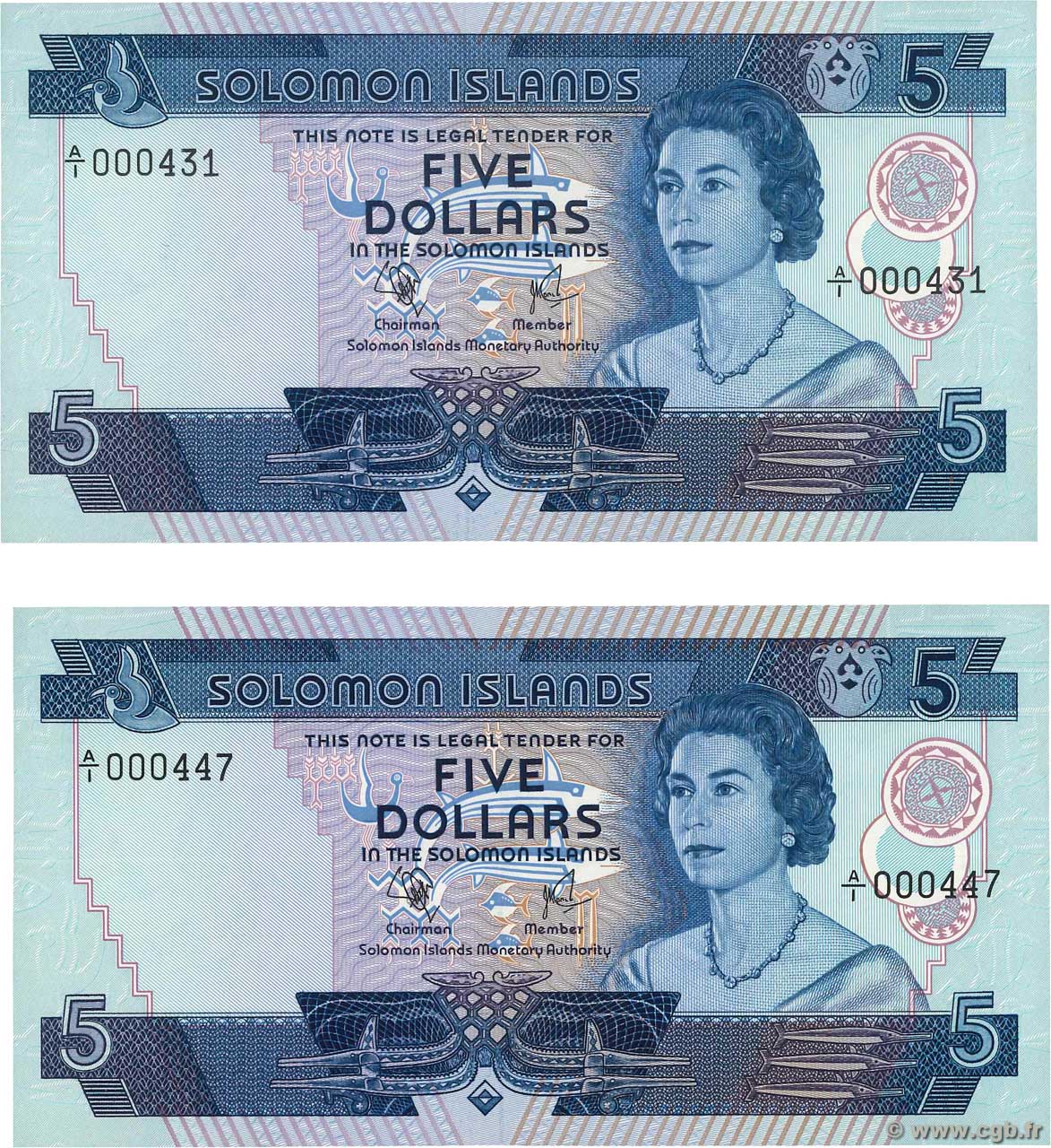 5 Dollars Petit numéro SOLOMON ISLANDS  1977 P.06a UNC