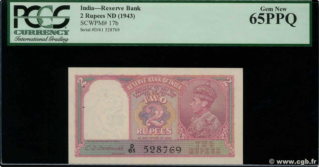 2 Rupees INDIA  1943 P.017b UNC