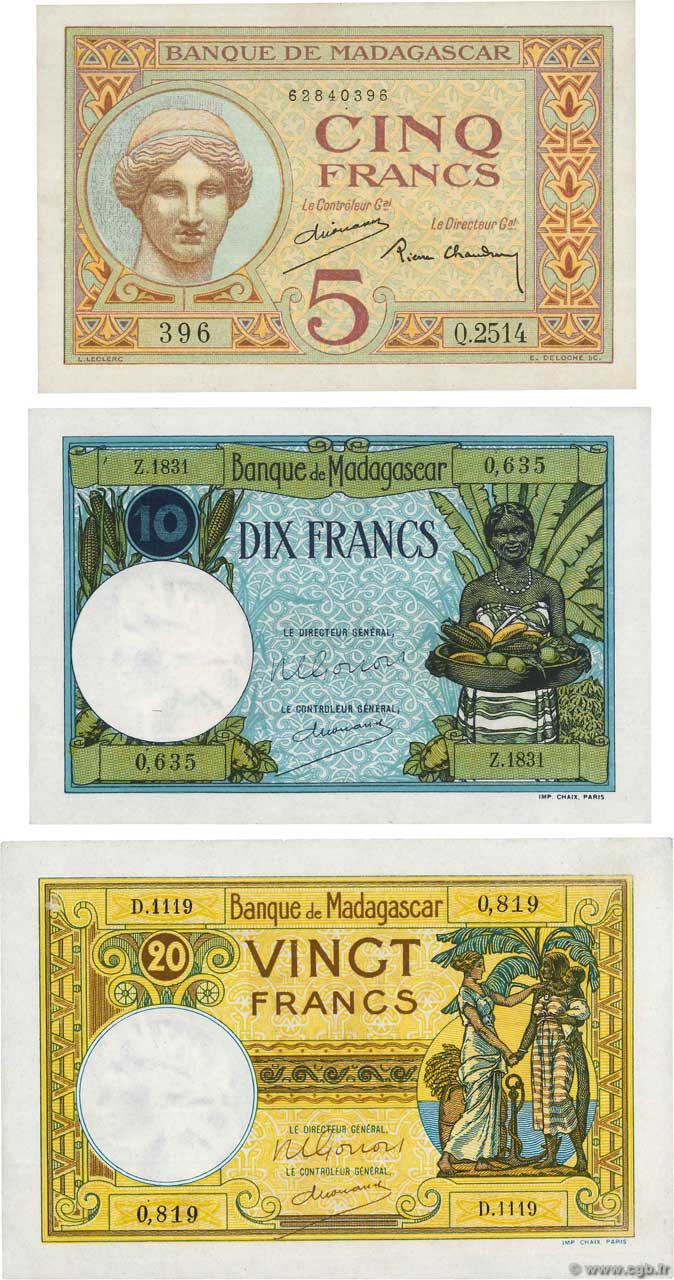 5, 10 et 20 Francs Lot MADAGASCAR  1937 P.035, P.036 et P.038 SUP