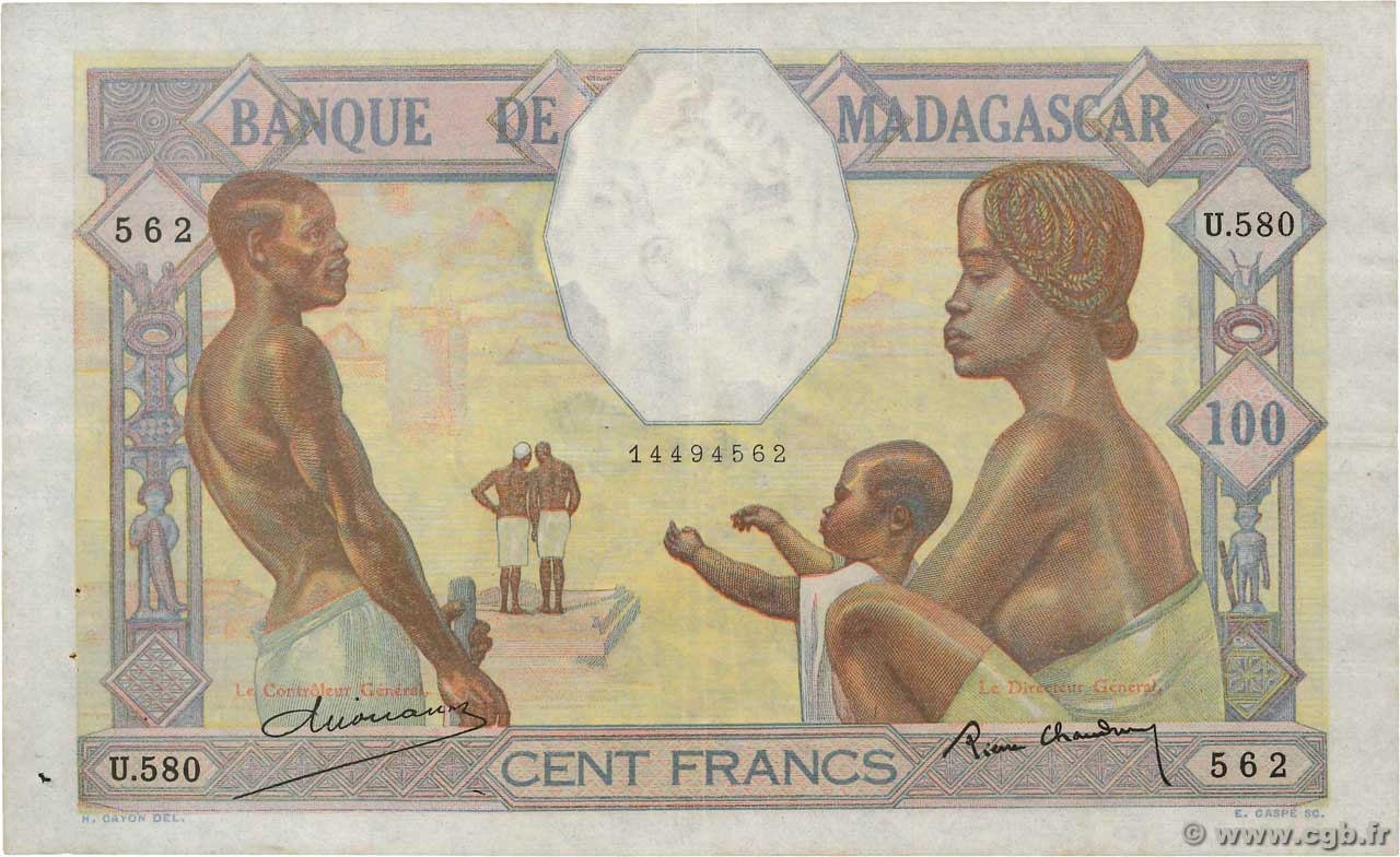 100 Francs MADAGASCAR  1937 P.040 MBC+