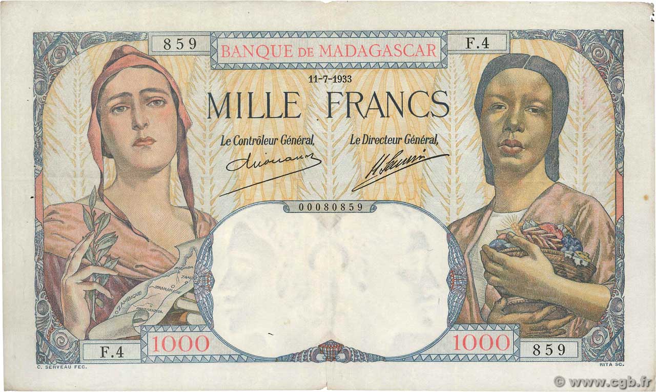 1000 Francs MADAGASCAR  1933 P.041 pr.TTB