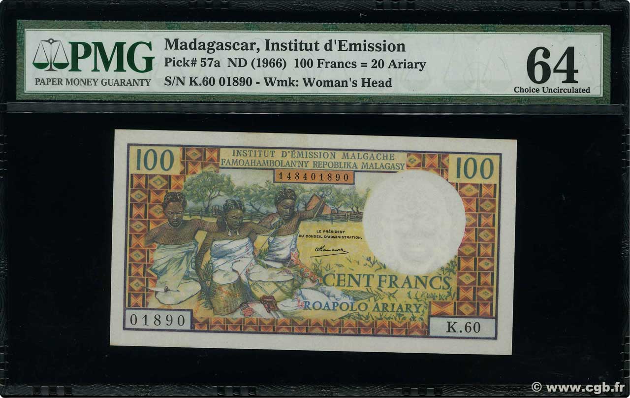 100 Francs - 20 Ariary MADAGASCAR  1966 P.057a q.FDC