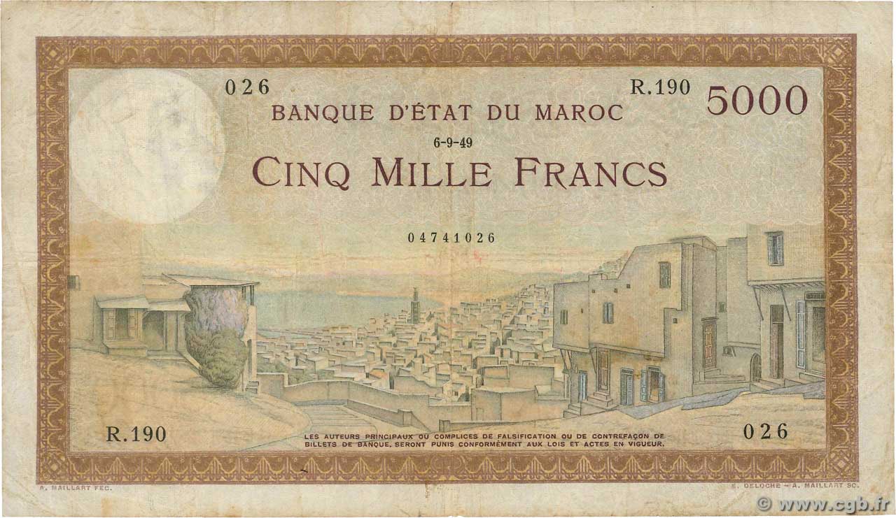 5000 Francs MARUECOS  1949 P.23c RC+