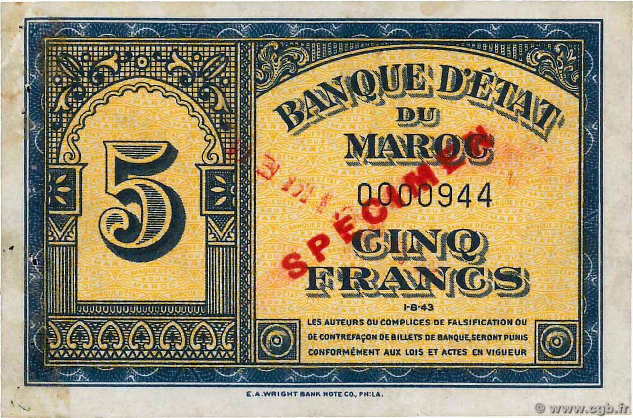 5 Francs Spécimen MOROCCO  1943 P.24s VF