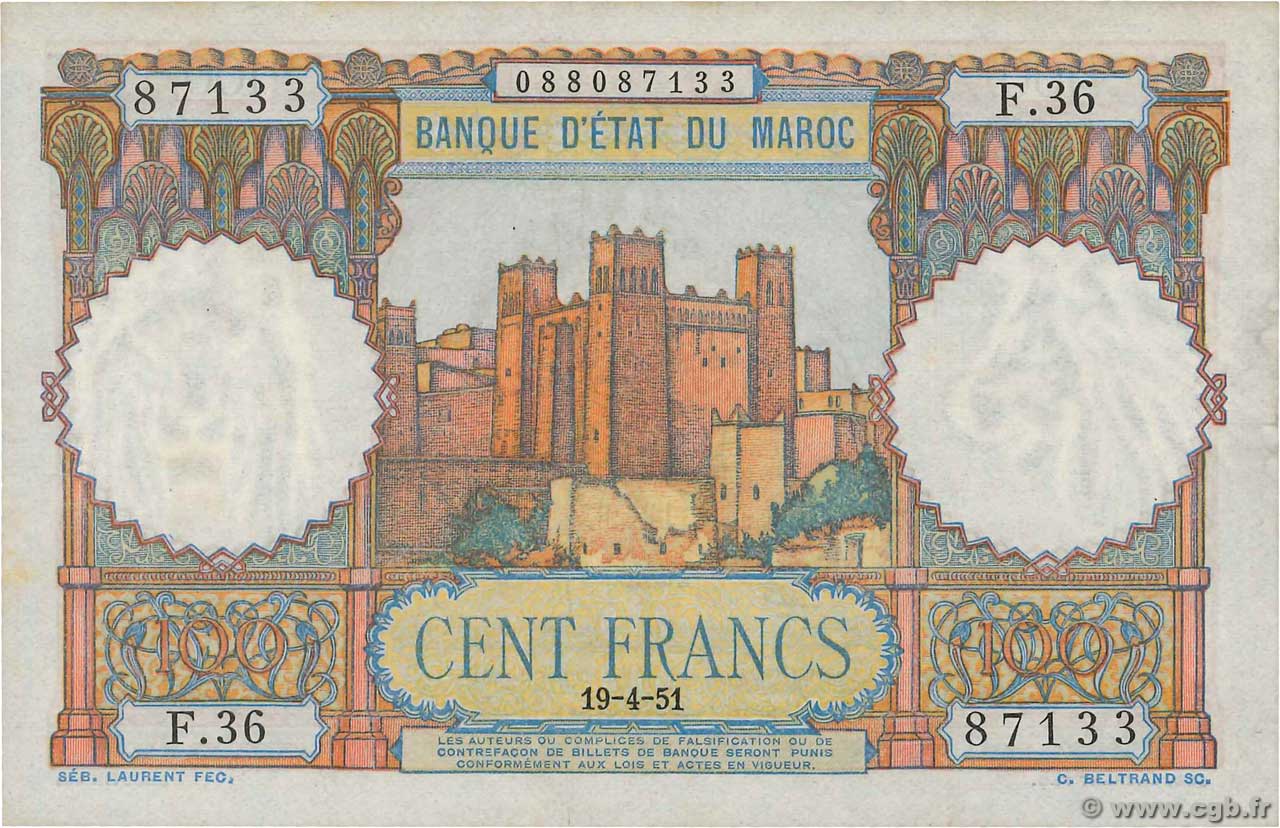 100 Francs MAROCCO  1951 P.45 SPL