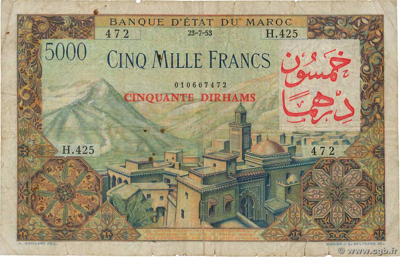 50 Dirhams sur 5000 Francs MAROC  1953 P.51 B