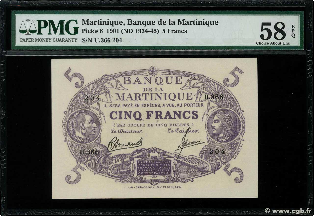 5 Francs Cabasson violet MARTINIQUE  1945 P.06 fST