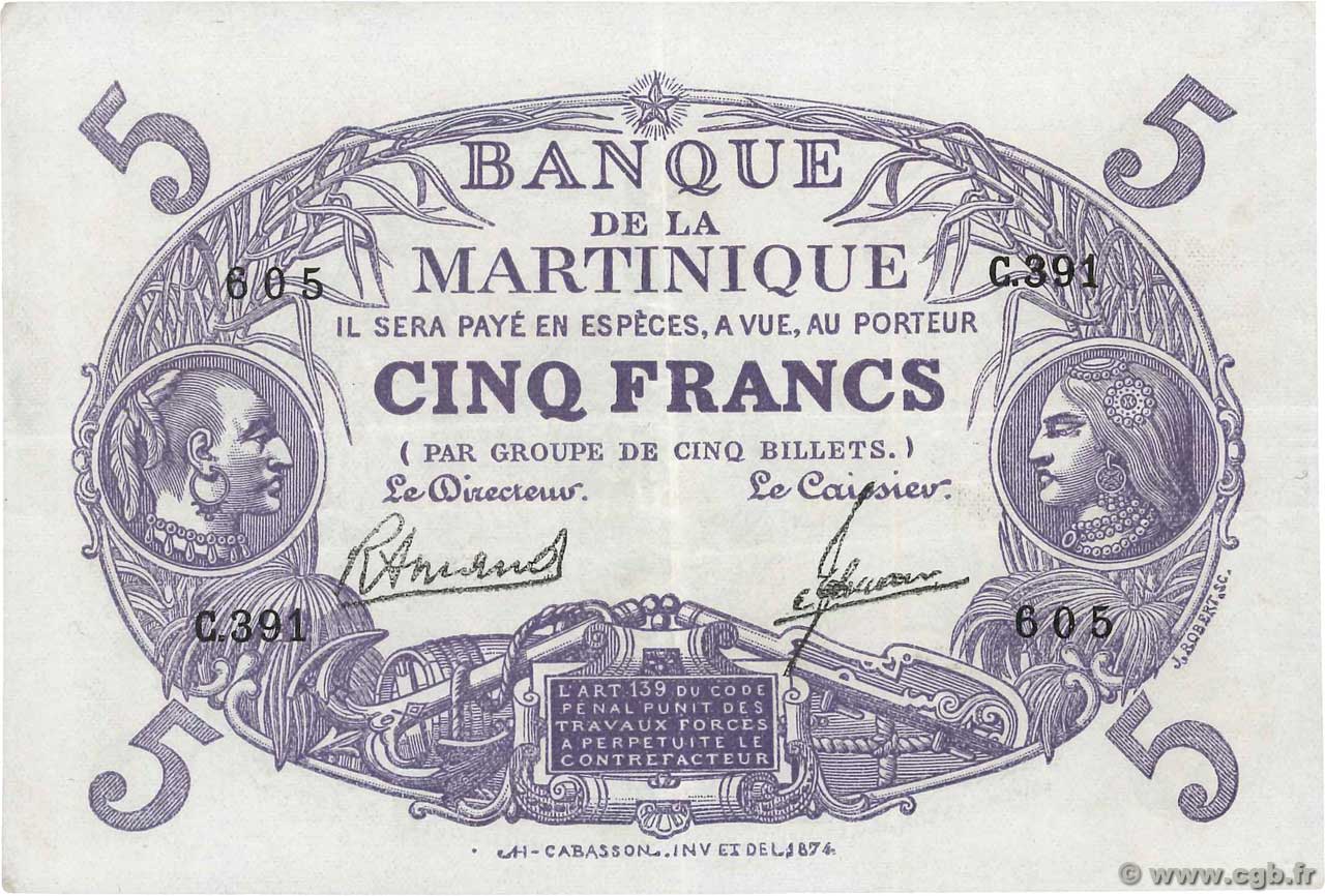 5 Francs Cabasson violet MARTINIQUE  1945 P.06 VF+