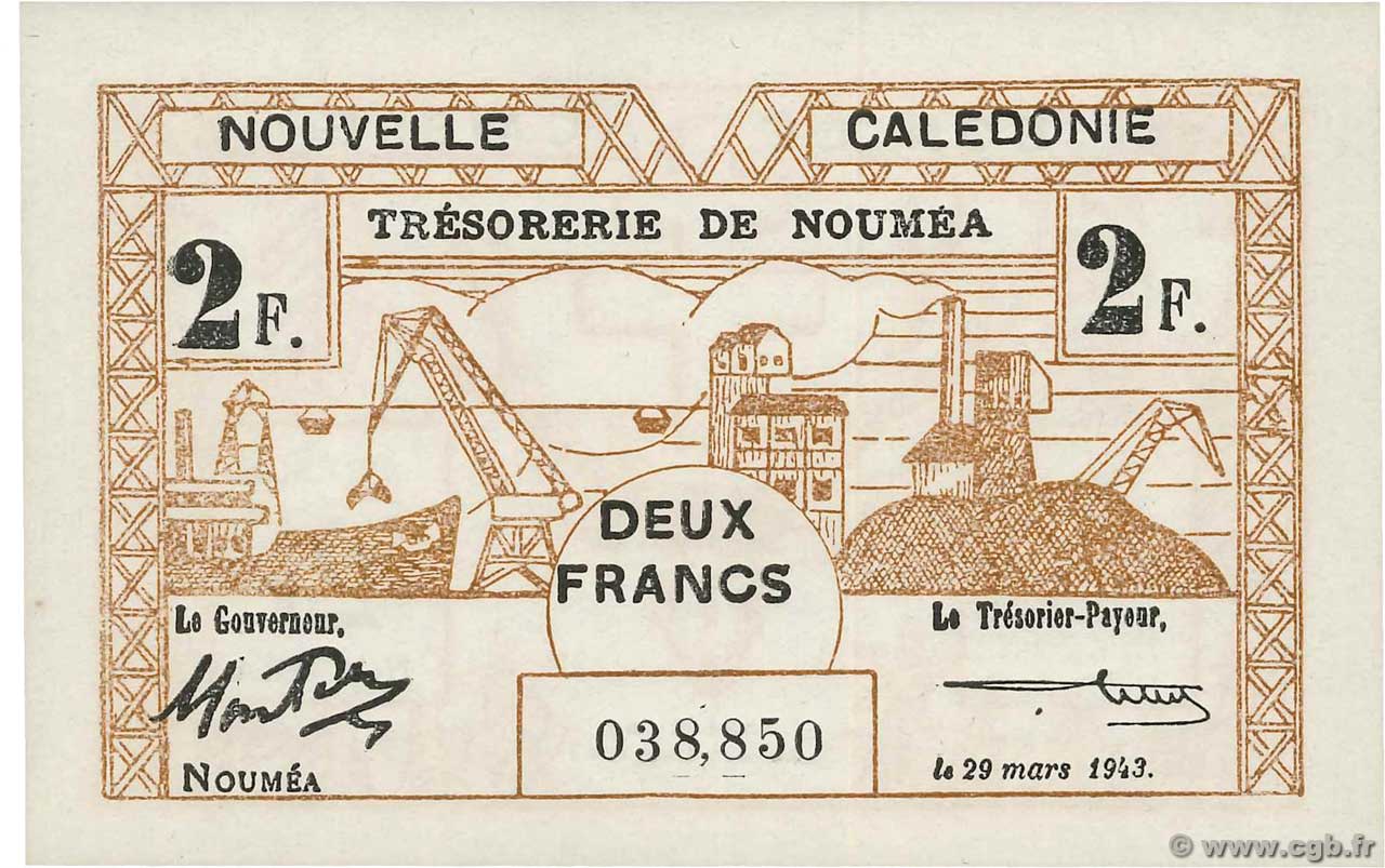 2 Francs NEW CALEDONIA  1943 P.56b UNC