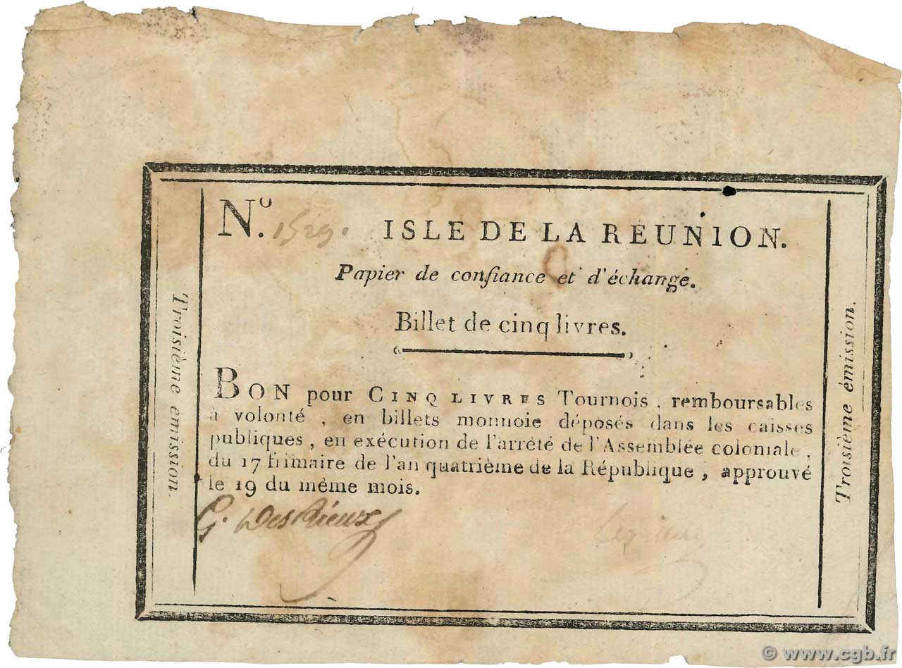 5 Livres REUNION ISLAND  1795 K.563 VF