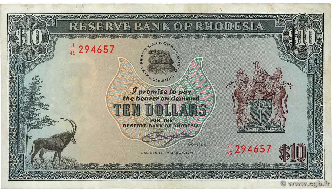 10 Dollars RHODÉSIE  1976 P.33b TTB