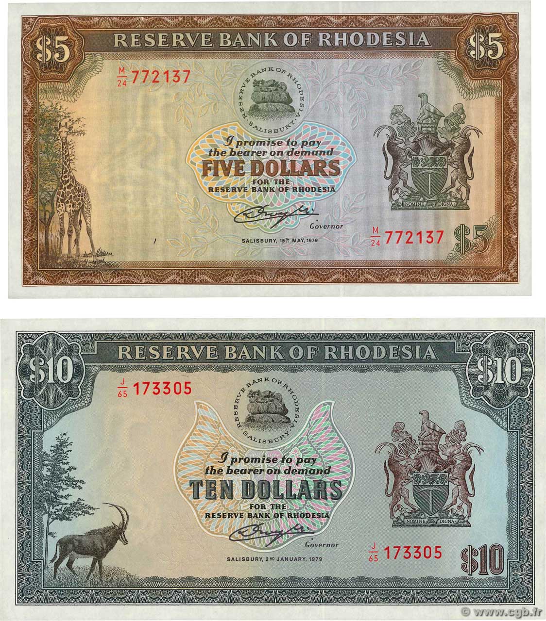 5 et 10 Dollars Lot RHODESIA  1979 P.40a et P.41a XF+