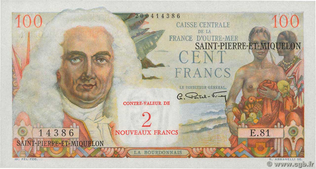 2 NF sur 100 Francs La Bourdonnais SAINT PIERRE E MIQUELON  1960 P.32 q.FDC