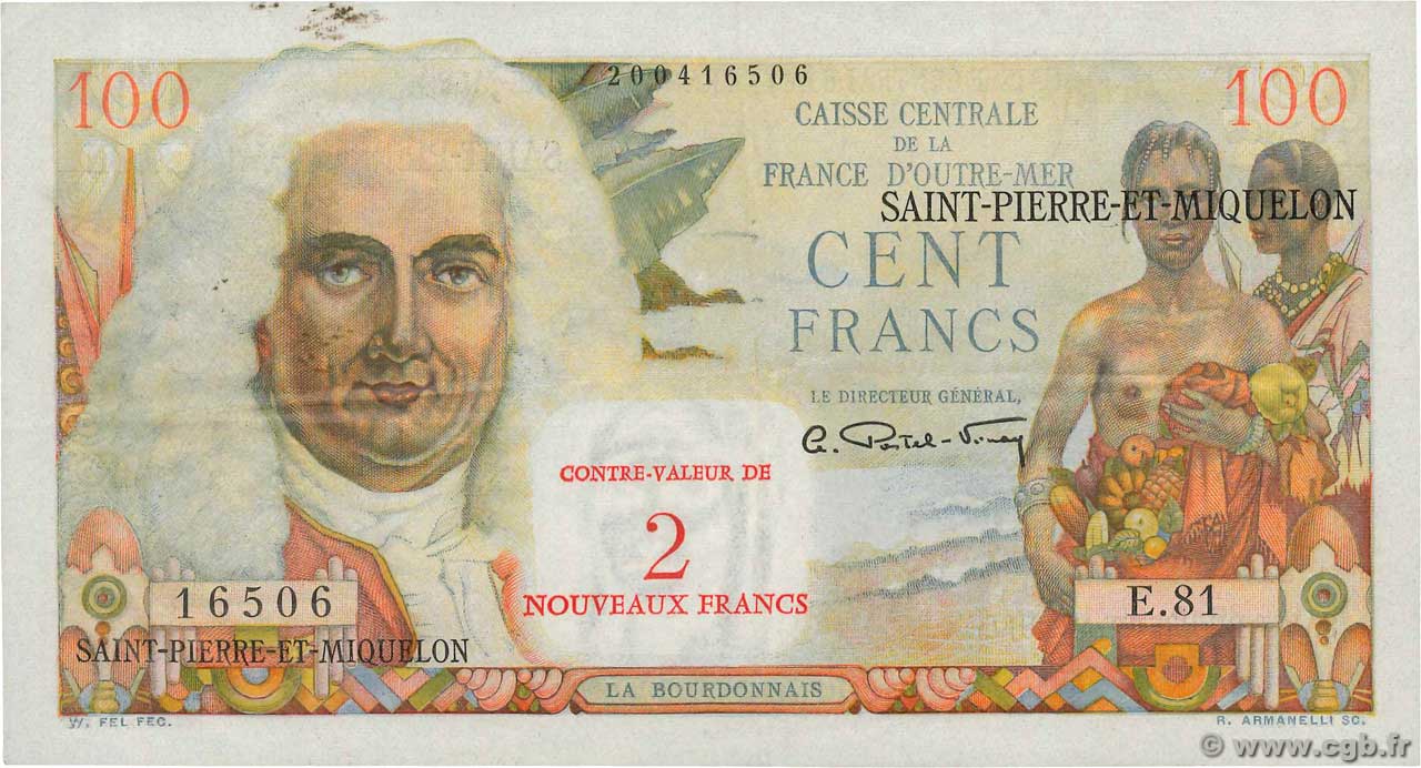 2 NF sur 100 Francs La Bourdonnais SAN PEDRO Y MIGUELóN  1960 P.32 MBC+
