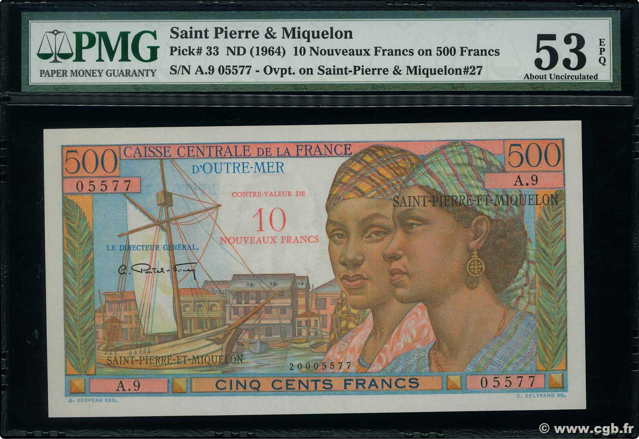 10 NF sur 500 Francs Pointe à Pitre SAN PEDRO Y MIGUELóN  1964 P.33a EBC+