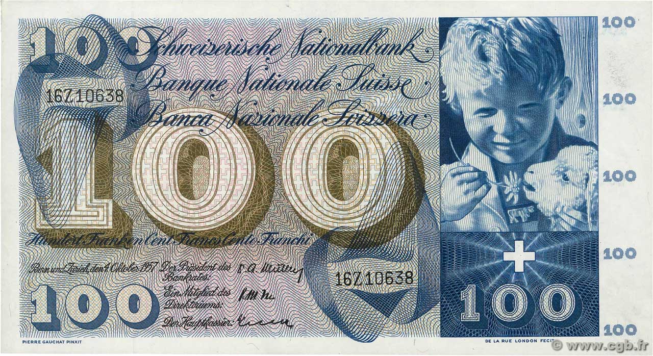 100 Francs SWITZERLAND  1957 P.49b AU