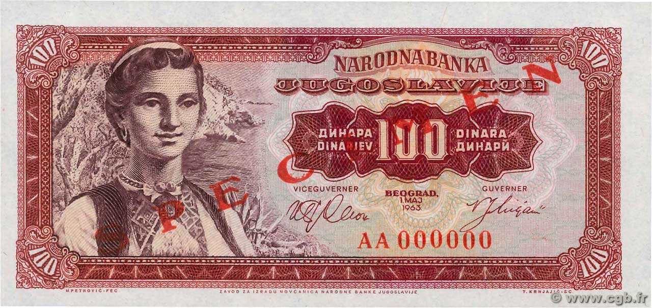 100 Dinara Spécimen YOUGOSLAVIE  1963 P.073s pr.NEUF