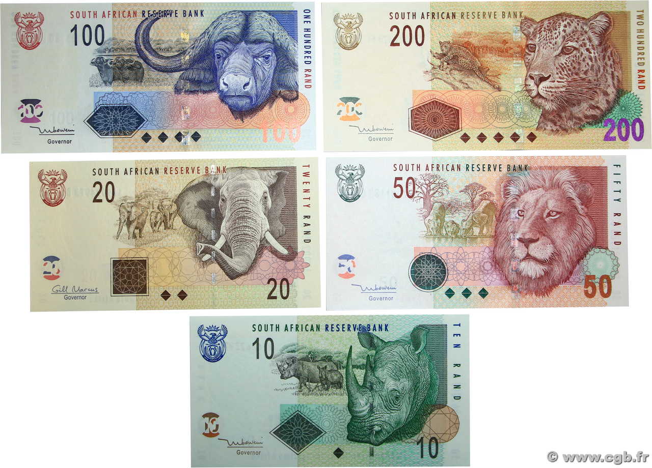 10 au 200 Rand Lot SOUTH AFRICA  2005 P.128 au P.132 UNC