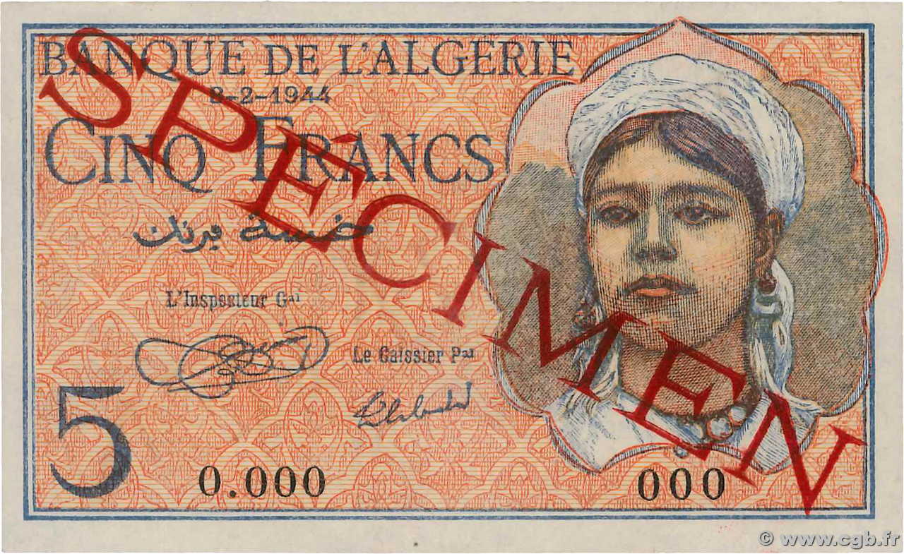 5 Francs Spécimen ALGÉRIE  1944 P.094s pr.NEUF