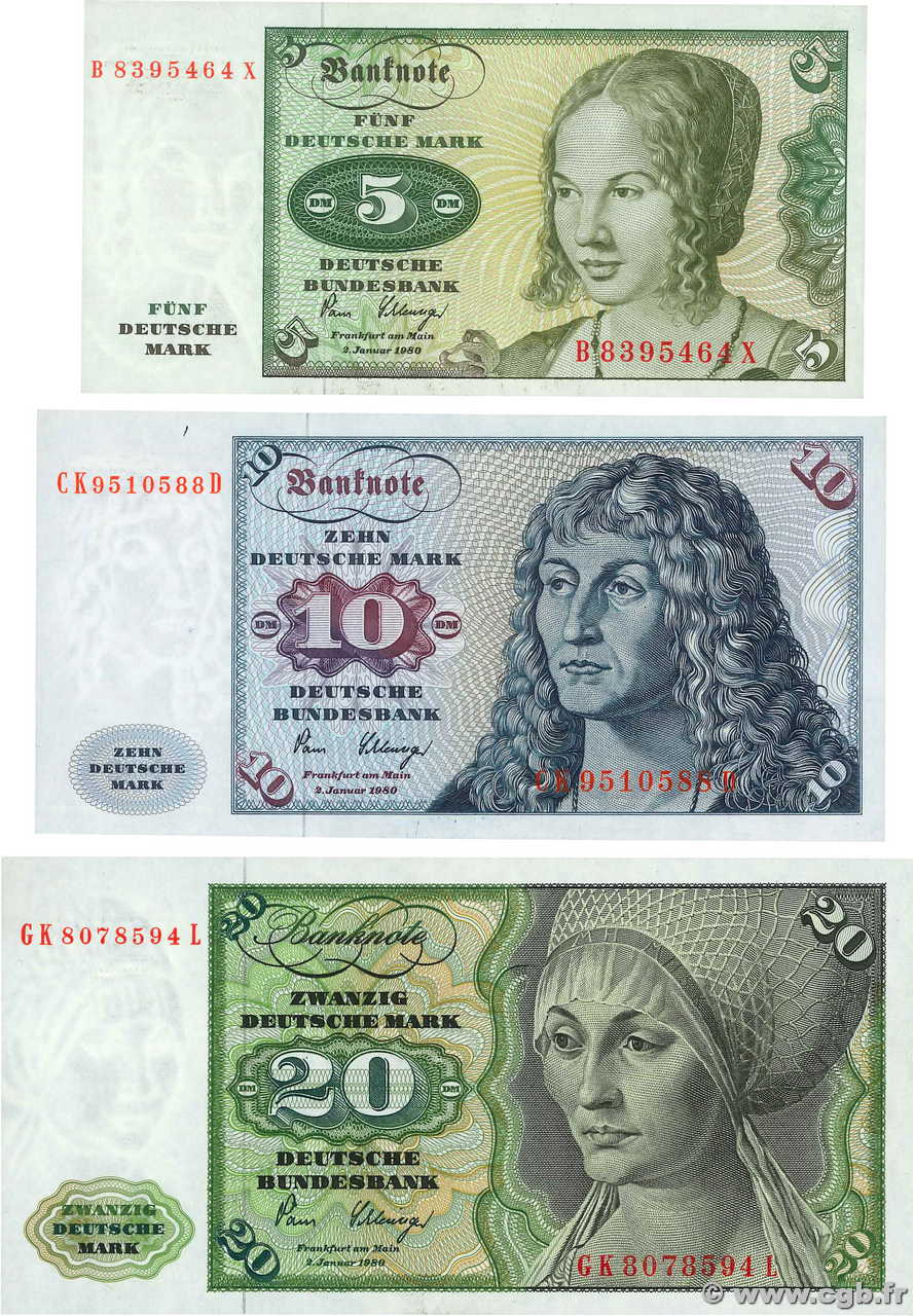 5, 10 et 20 Deutsche Mark Lot ALLEMAGNE FÉDÉRALE  1980 P.30b, P.31d et P.32d pr.NEUF