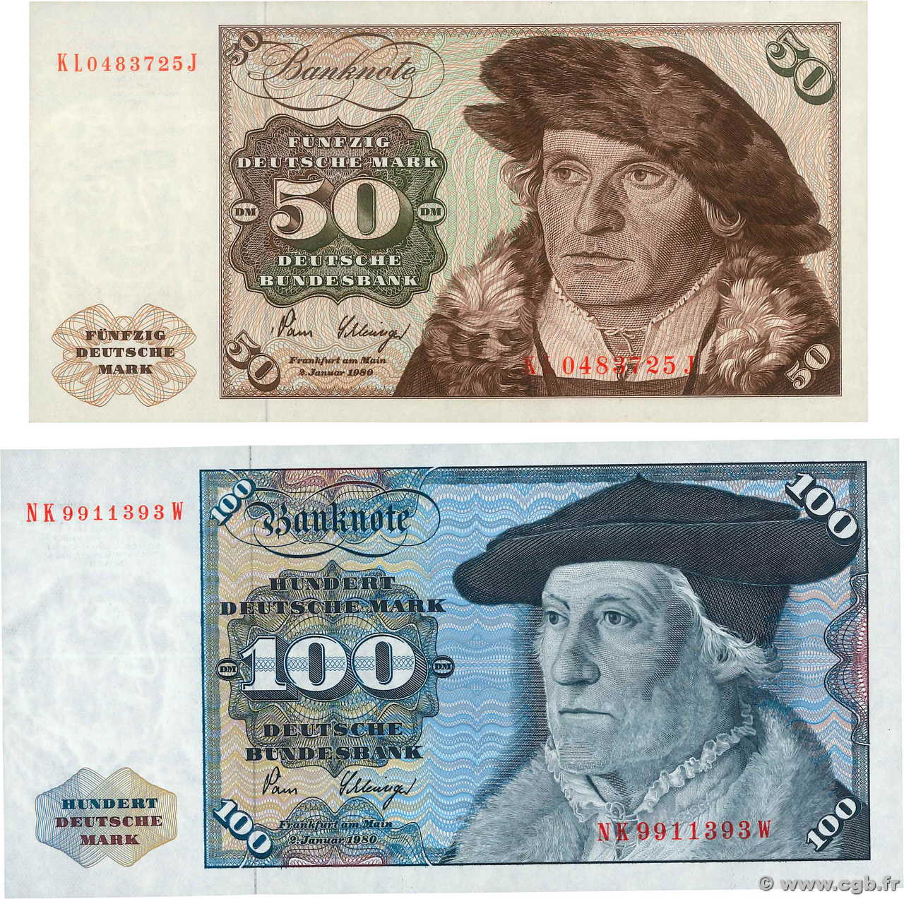 50 et 100 Deutsche Mark Lot ALLEMAGNE FÉDÉRALE  1980 P.33d et P.34d SUP