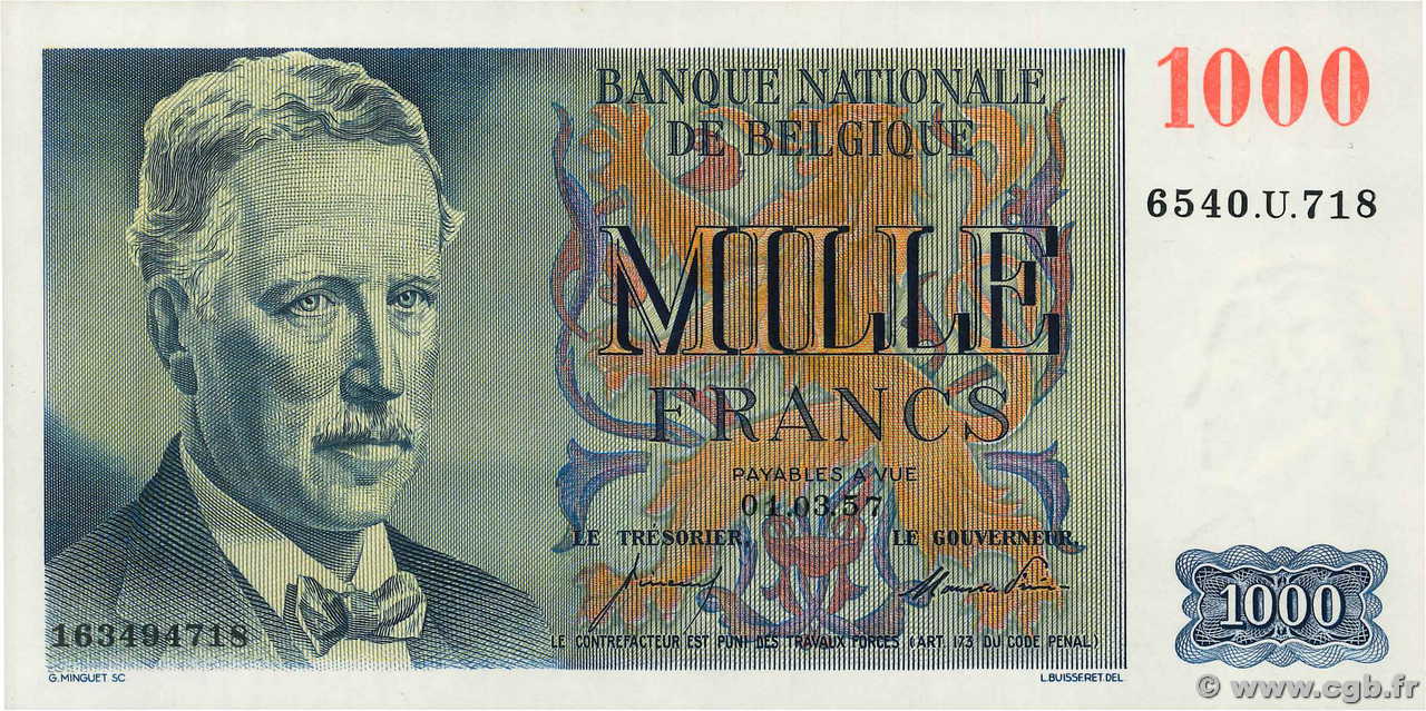 1000 Francs BELGIQUE  1957 P.131a pr.NEUF