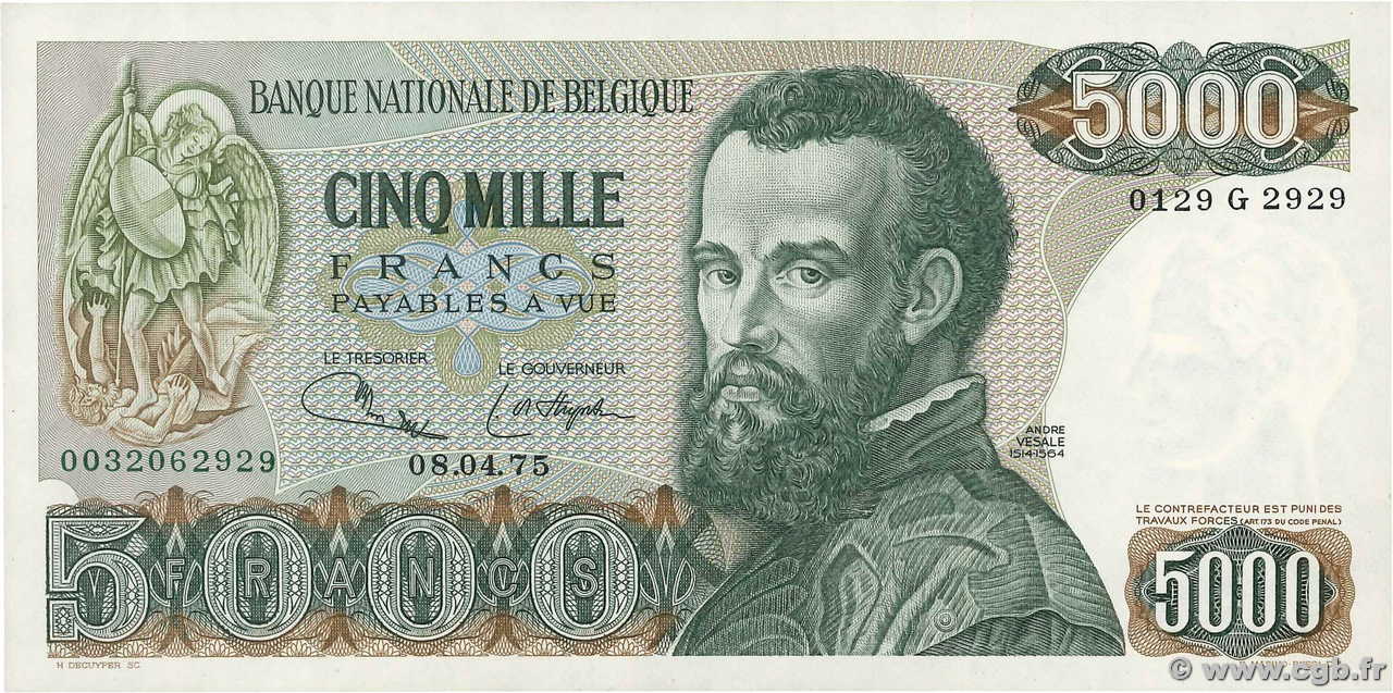 5000 Francs BELGIQUE  1975 P.137a SPL