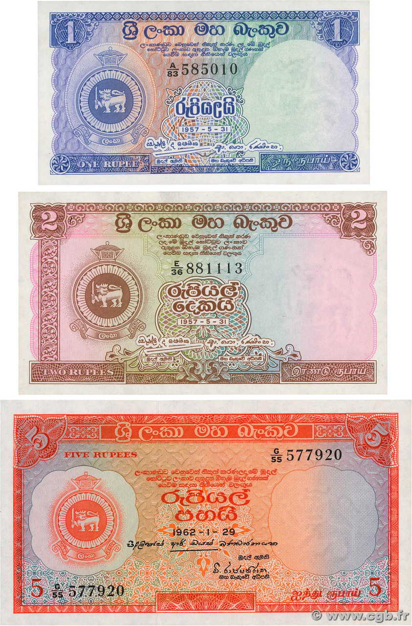 1,2 et 5 Rupees Lot CEYLAN  1959 P.056b, P.057a et P.058c pr.NEUF