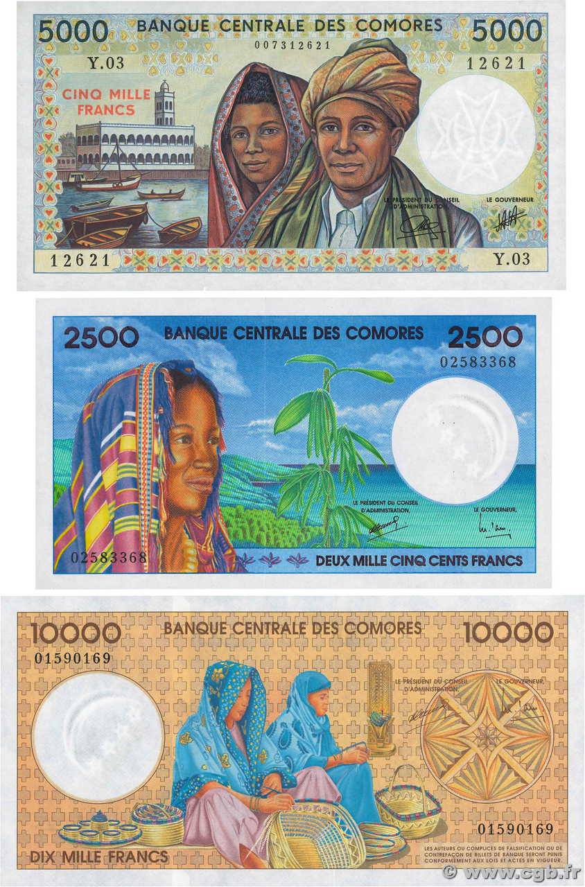 5000, 2500 et 10000 Francs Lot COMOROS  1994 P.12b, P.13 et P.14 UNC-