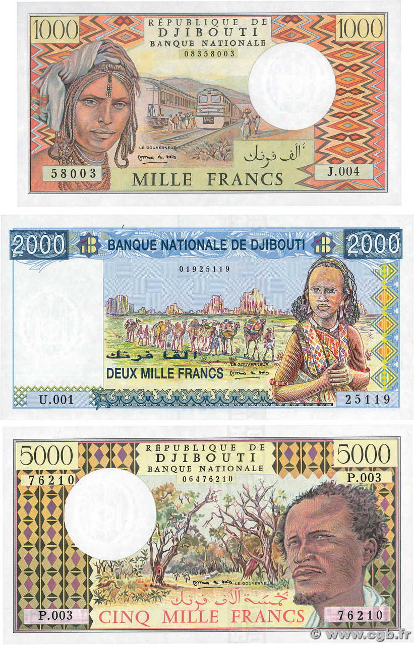 1000, 2000 et 5000 Francs Lot YIBUTI  1991 P.37e, P.38d et P.40 FDC