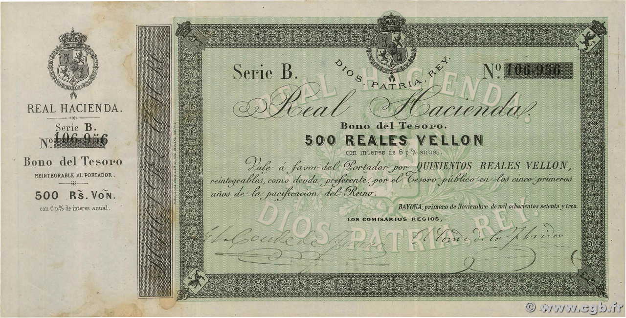 500 Reales Vellon ESPAGNE Bayona 1873 P.- TTB
