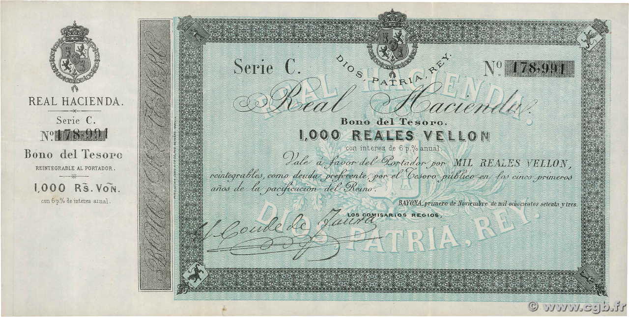 1000 Reales Vellon SPAIN Bayona 1873 P.- VF