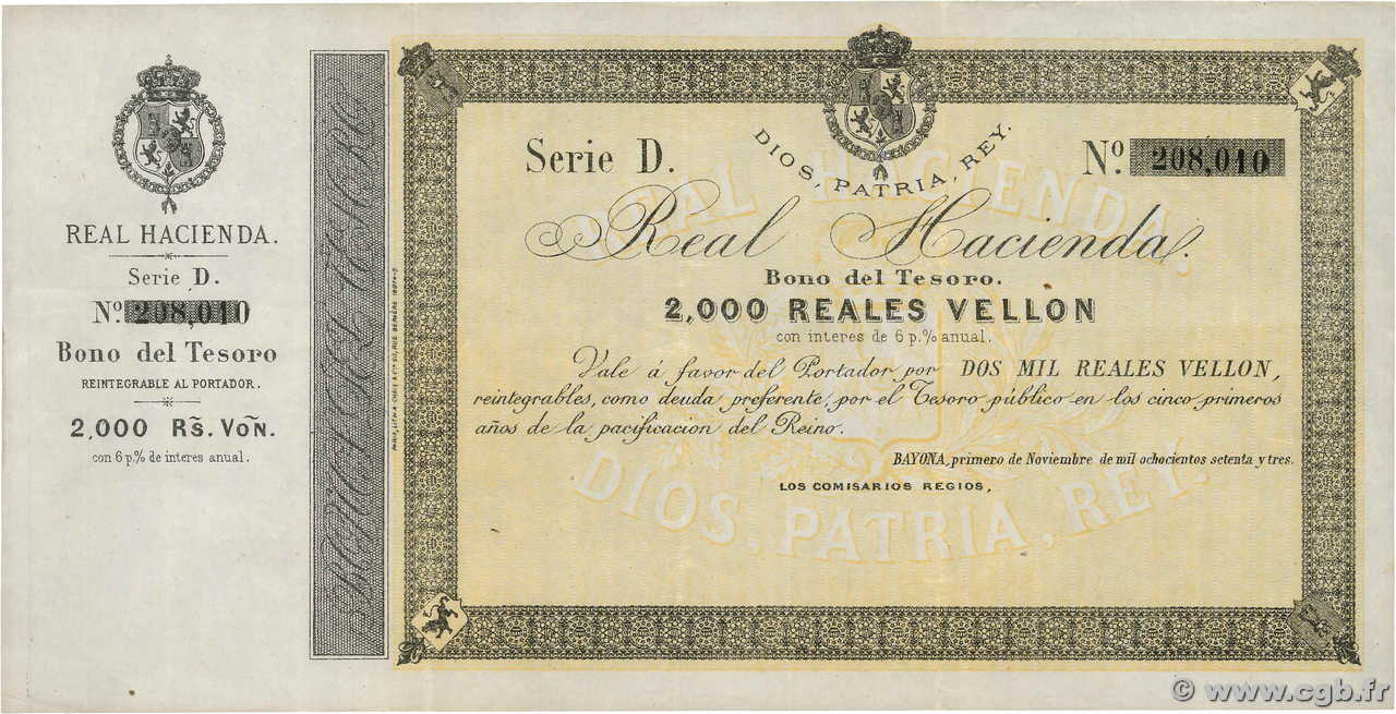 2000 Reales Vellon ESPAGNE Bayona 1873 P.- TTB