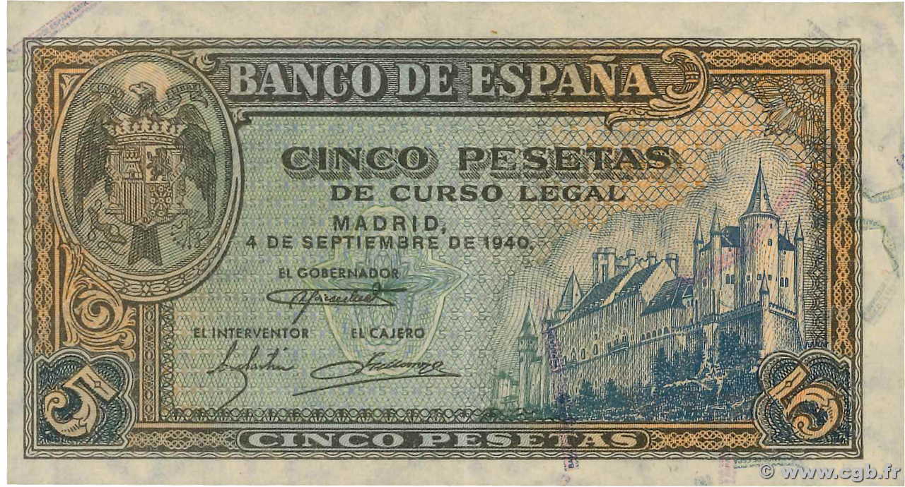 5 Pesetas SPANIEN  1940 P.123a ST