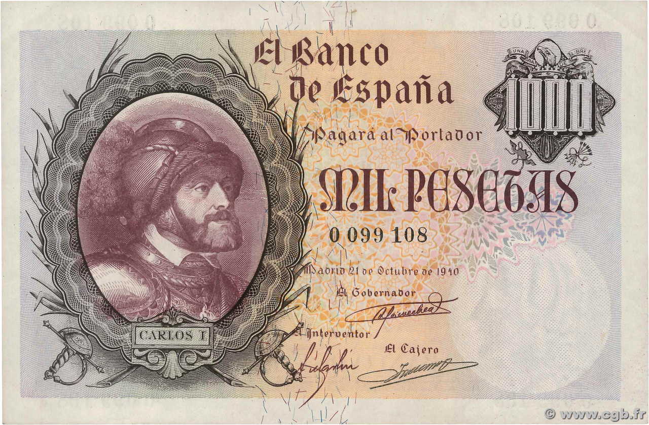 1000 Pesetas SPAIN  1940 P.125a XF-