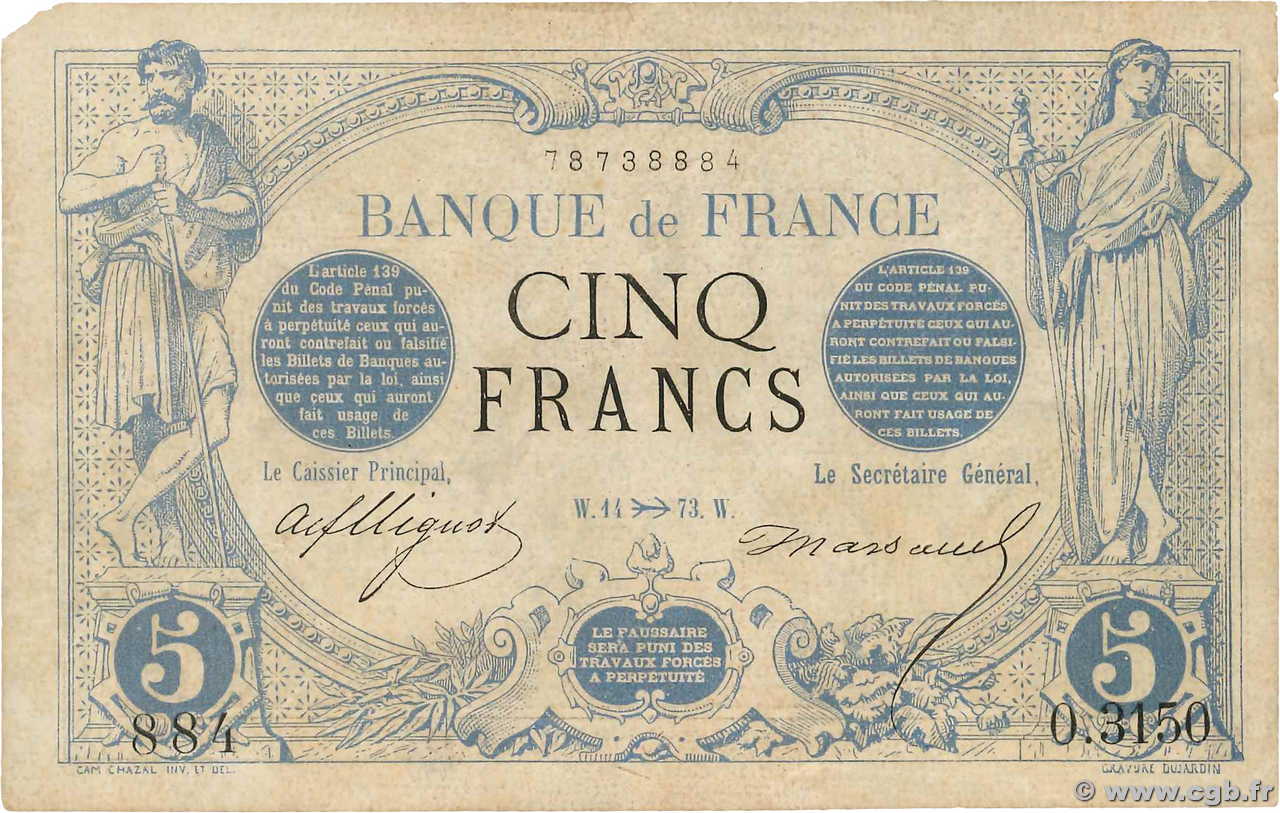 5 Francs NOIR FRANCE  1873 F.01.23 B+