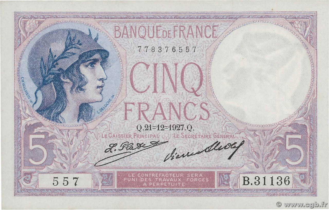 5 Francs FEMME CASQUÉE FRANCE  1927 F.03.11 pr.NEUF