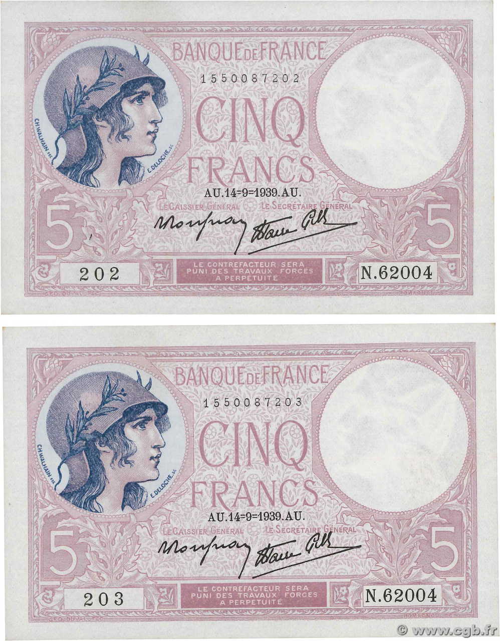 5 Francs FEMME CASQUÉE modifié Consécutifs FRANKREICH  1939 F.04.08 fST+