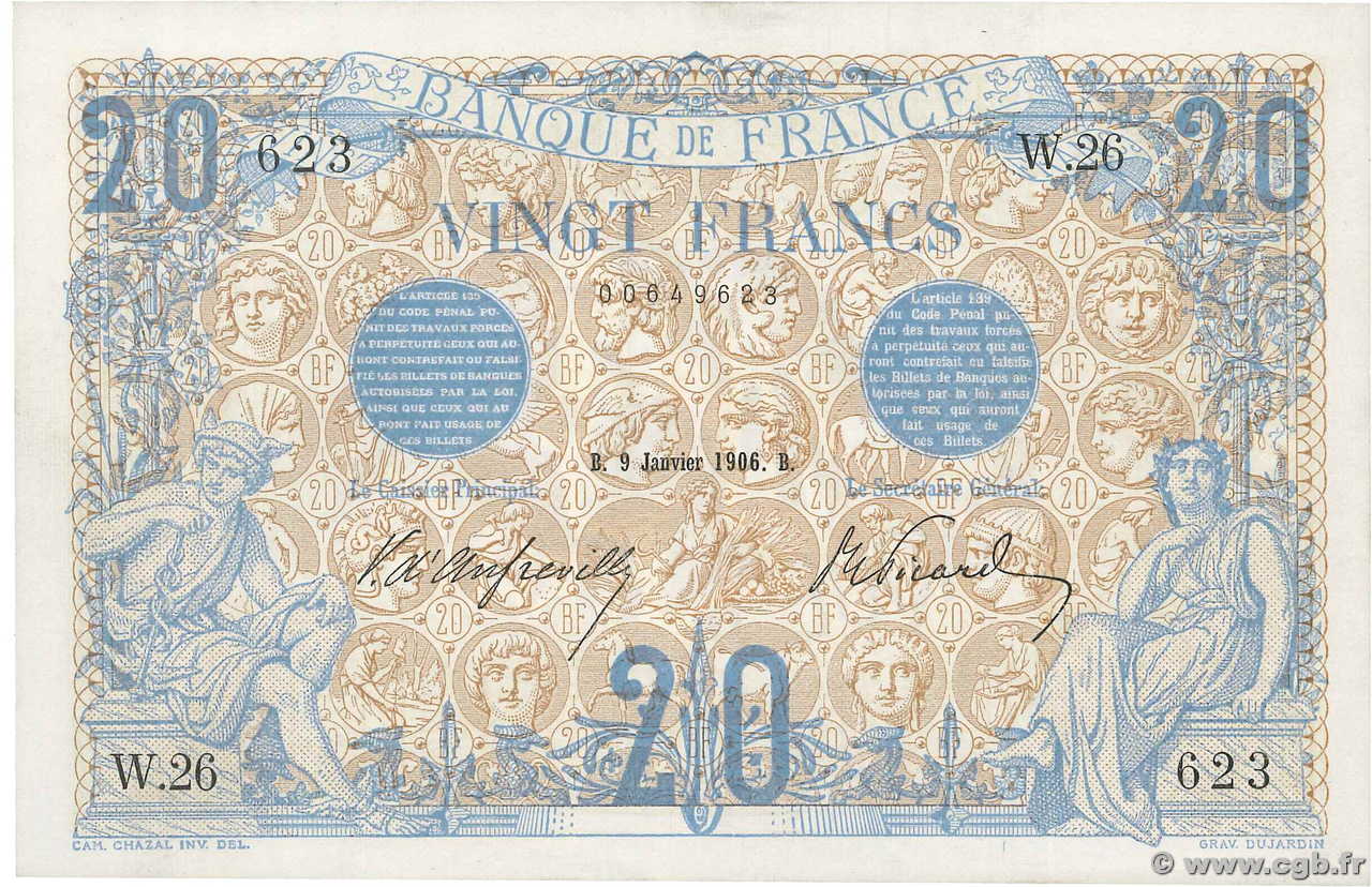 20 Francs BLEU FRANCE  1906 F.10.01 AU+